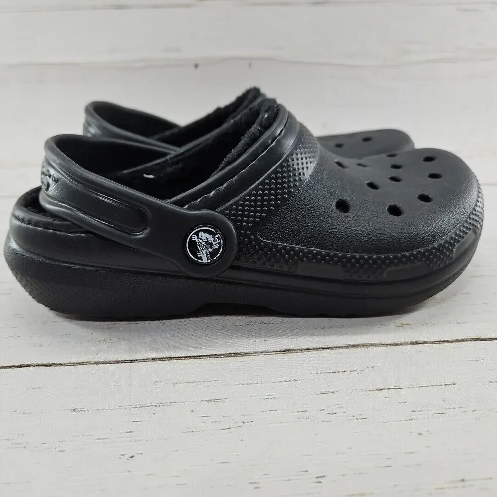 Crocs Youth Size J1 Black‎ Faux Fur Lined Clogs Slip On Shoes Slingback 203506